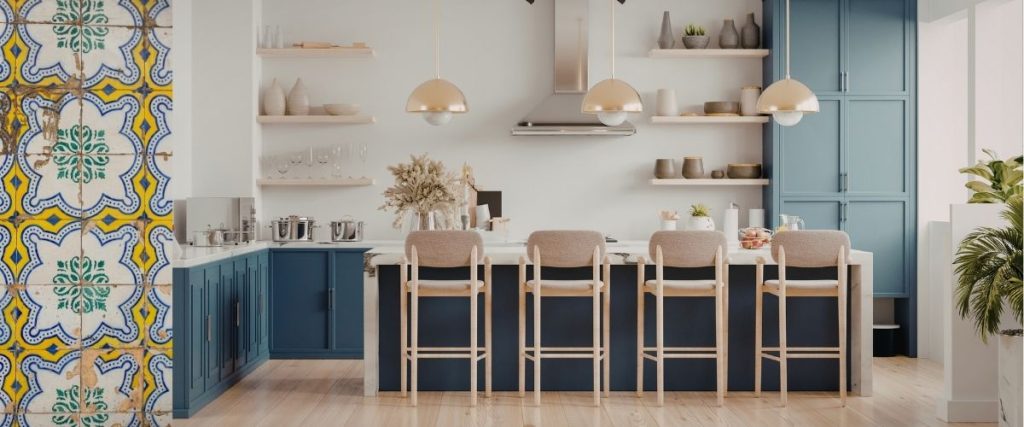 stunning kitchen remodel with curve lighting, chairs and colored cabinets